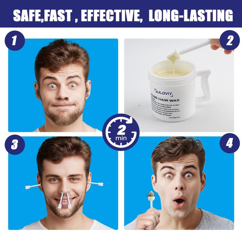 Nose & Ear Waxing Kit - Hypoallergenic Wax + 30 Applicators | Painless Hair Removal for Men & Women | Includes 15 Soothing Balm Wipes & Mustache Guards | Long-Lasting Results (6 Weeks) (120g)