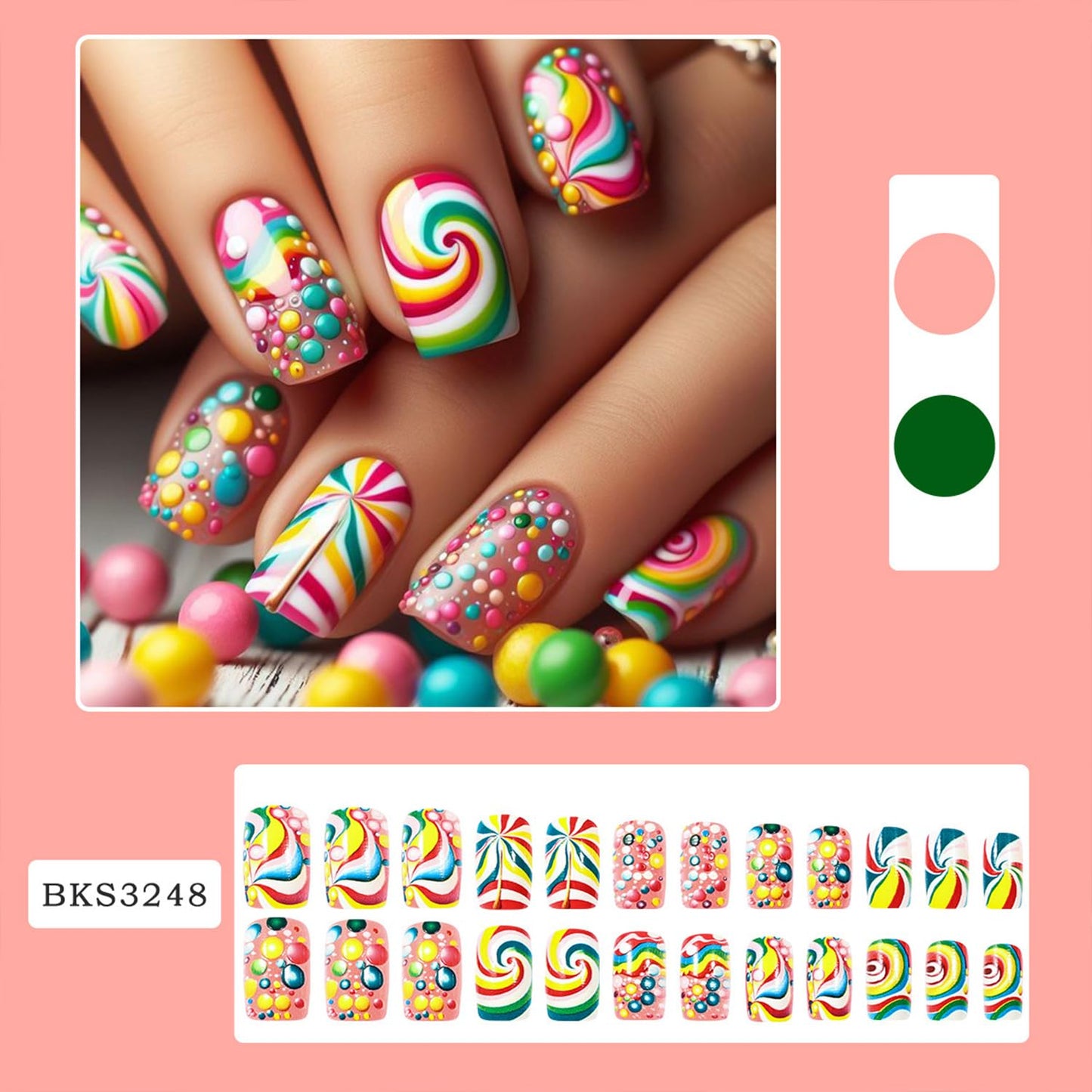 Rainbow Press on Nails Medium Square Fake Nails with Colorful Swirl Candy Design Cute False Nail Full Cover Reusable Stick on Nail for Women 24Pcs