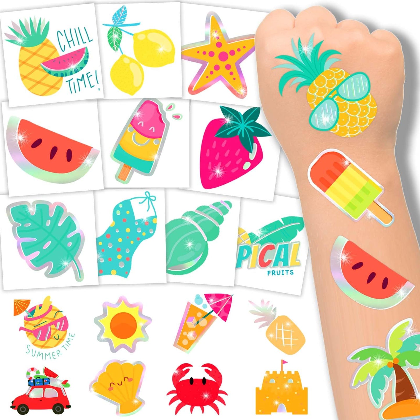 winthrop 120 Pcs Summer Temporary Tattoos for Kids, Metallic Foil Bronzing Style, Individually Wrapped Safety Waterproof Tattoos, Best Choice for Hawaiian Pool Beach Party Matching Game, 60 Designs