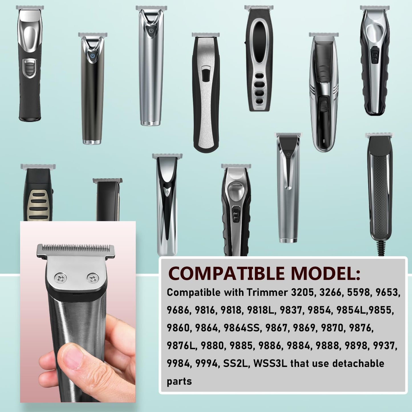 40mm Replacement Detachable Stainless Steel T Blade（02144 ）,Compatible with Wahl All in One Lithium Ion Trimmer 9864/9864SS/9686/9818A/9854L/9876L/9854 /WSS3L/SS2L etc. (Silver 3 Pack)