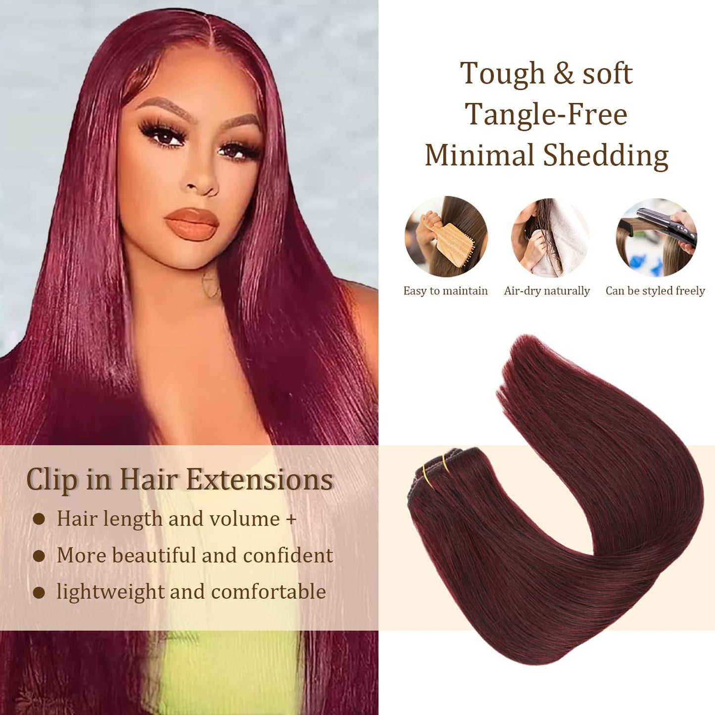 #99J Burgundy Clip in Hair Extensions, 32 Inch 120g/7Pcs,Full Shine Remy Human Hair,Wine Red Straight Clip ins Brazilian Virgin Human Hair Extensions