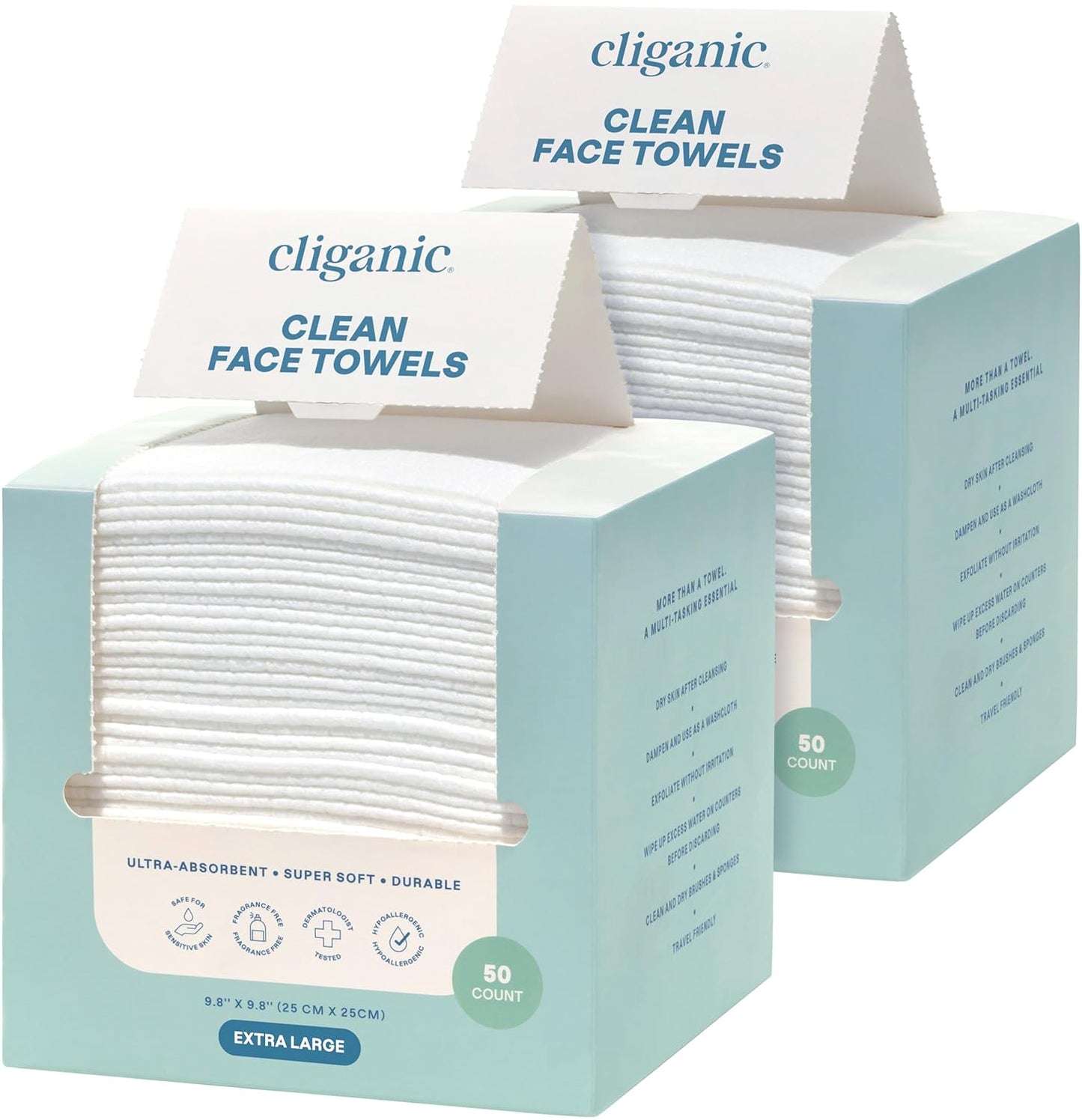 Clean Face Towels XL - Ultra-Absorbent Hypoallergenic Makeup Remover Wipes | 50 Ct, Soft & Hygienic for All Skin Types