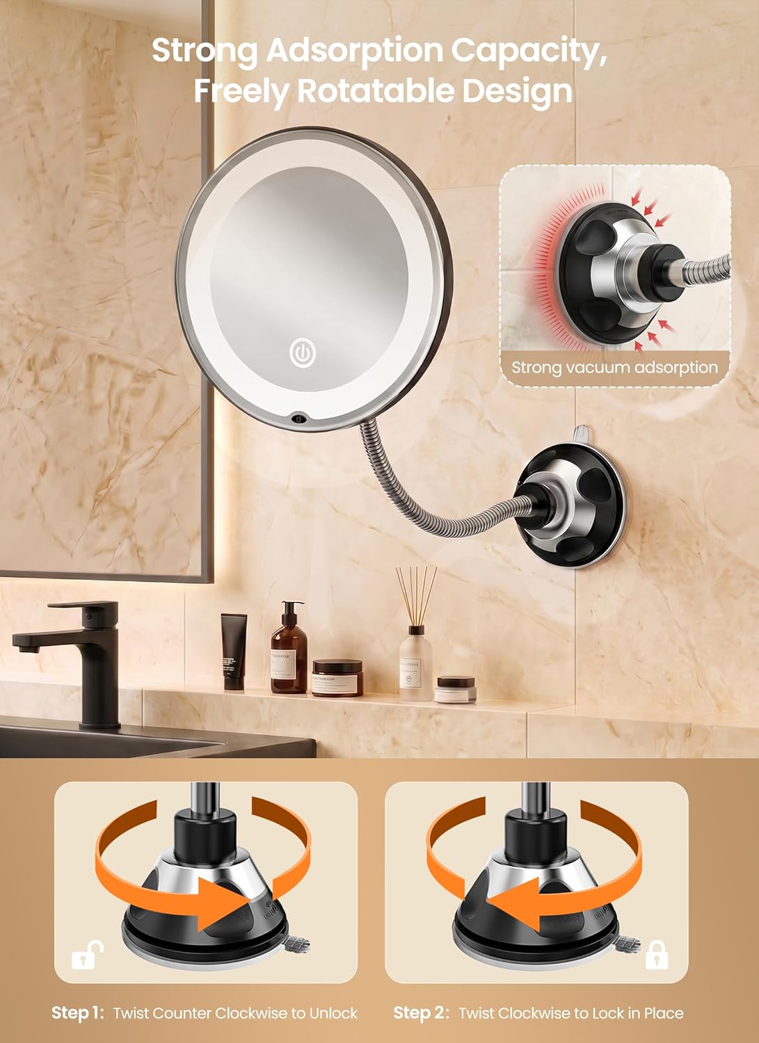 Brightown 10x Makeup Mirror - LED Lighted Magnifying Mirror with Adjustable Brightness | Black, Suction Cup Design