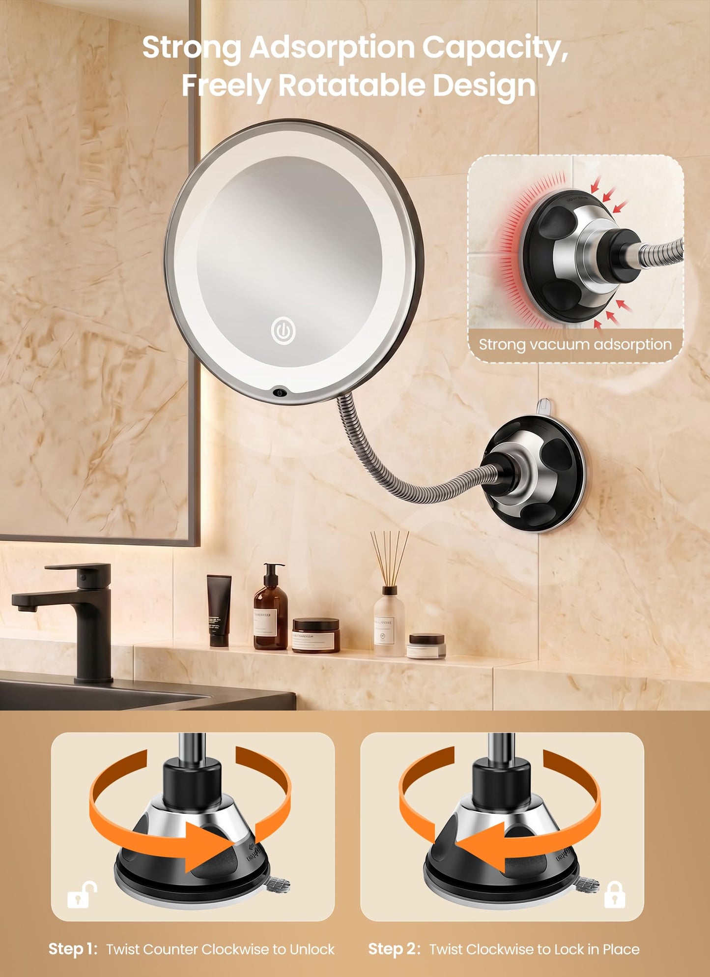 10x Makeup Mirror with Lights, Flexible Magnifying Mirror 3 Light Modes