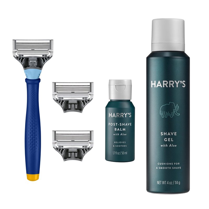 Harry's Original Holiday Shaving Gift Set for Men - Razor Handle, 3 Razor Blade Refills, Foaming Shave Gel, and Post-Shave Balm - German Engineered - Evening Blue