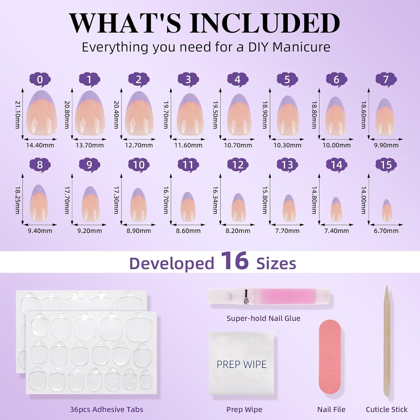 Purple French Tip Press On Nails - Reusable Short Almond Lavender Nails | 32 PCS in 16 Sizes with Glue & Adhesive Tabs
