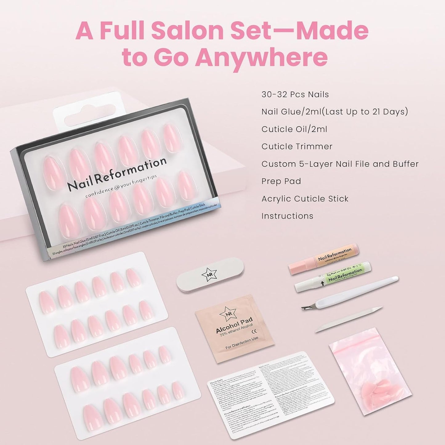 Press On Nails | Soft Pink Short Almond Glossy Finish | 32-Piece Reusable Nail Kit with Glue - Perfect Manicure Gifts for Women