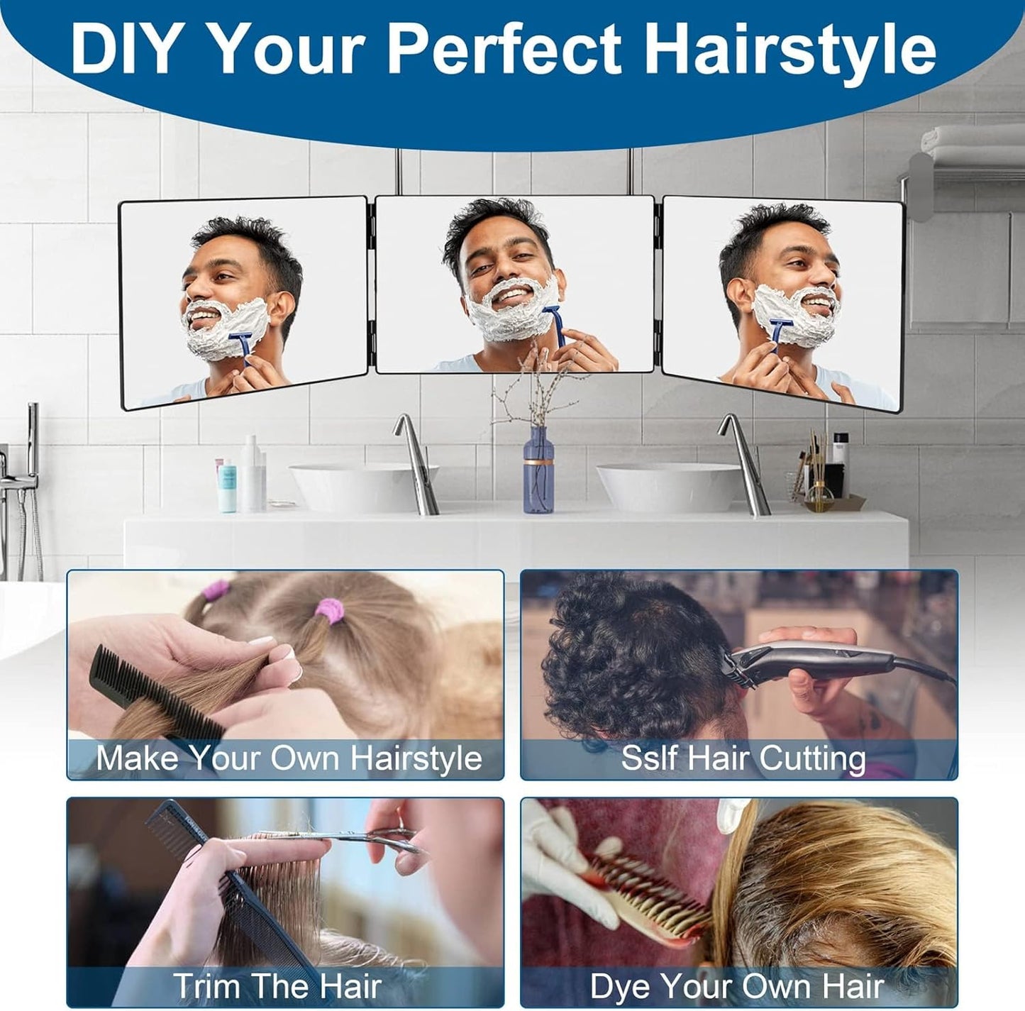 3-Way Mirror for Self Hair Cutting | 360° Tri-Fold Design with Adjustable Hooks (6.7" x 10.8")