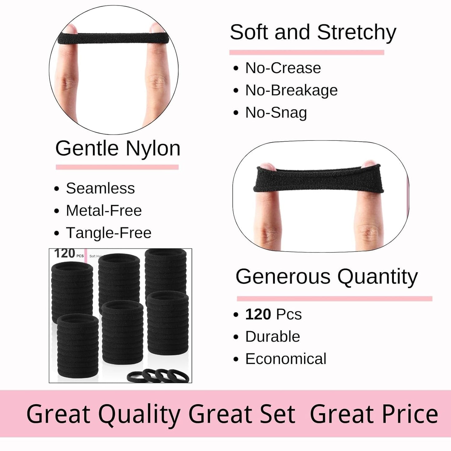 120PCS Black Hair Ties for Thick Hair - Seamless No Damage Elastic Ponytail Holders | Bulk Nylon Hair Bands for Women