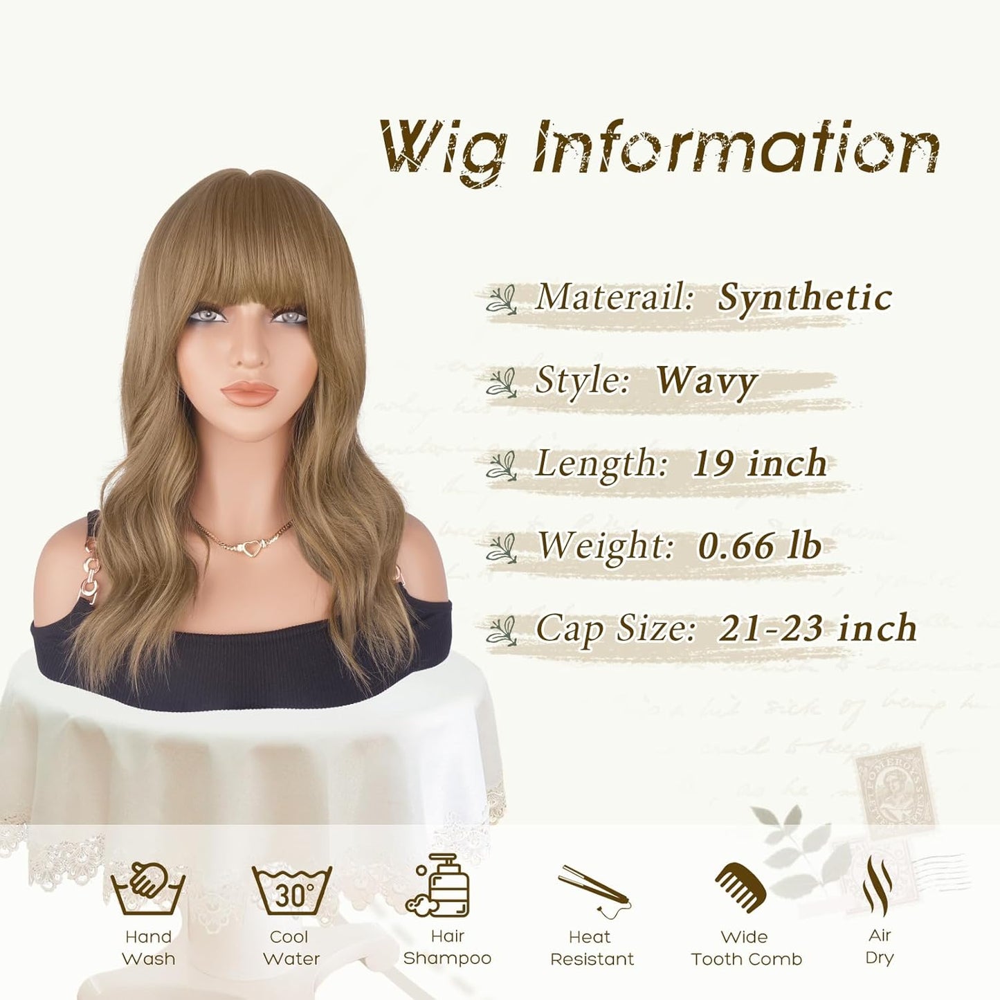 Brown Wigs with Bangs - 19-Inch Natural Wavy Synthetic Hair for Women | Light Brown Mixed Blonde