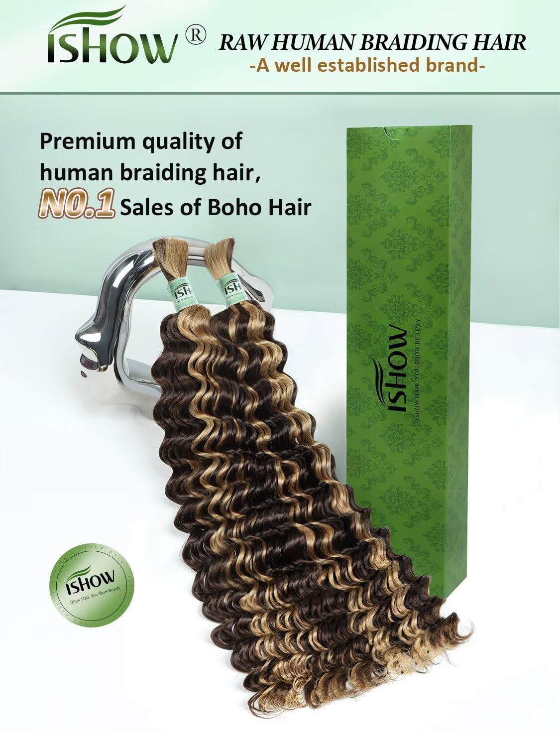 ISHOW Raw Human Braiding Hair 100% Unprocessed Virgin Human Hair 15A Deep Wave Boho Hair 100g 18 Inch (2 Packs) NO.1 Premium Quality Boho Hair Producer Long Lasting Ombre Honey Blonde Color P4/27