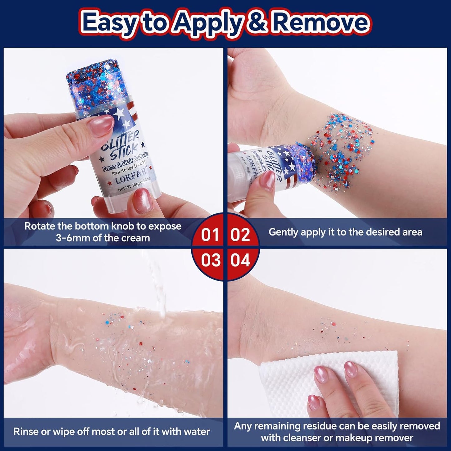 Patriotic Face & Body Glitter Stick - Holographic Red, White & Blue Chunky Makeup for 4th of July | Independence Day Celebration