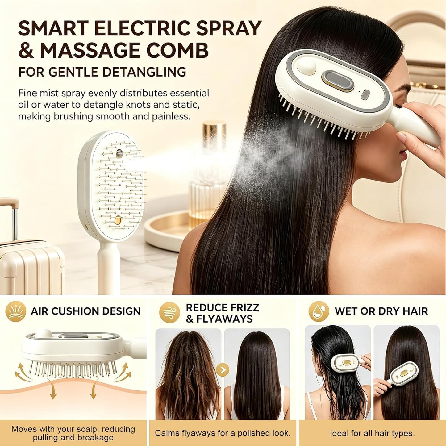 Electric Spray Air Cushion Massage Comb Electric Spray Hair Brush 2026 Electric Steaming Massage Hair Care Brush Rechargeable Detangling,for Reduce Frizz Nourishes Hairs Anti-Static (Beige)