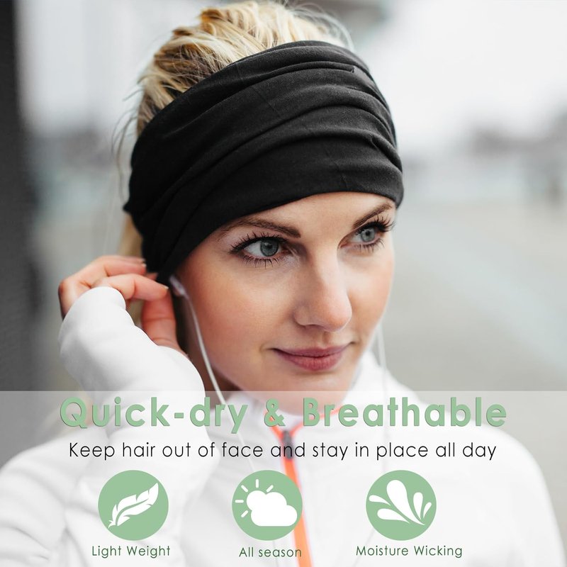 Extra Wide Headbands for Women - 7'' Cotton Turban Knotted Bandanas | Non-Slip Boho Hair Accessories - 6 Pack