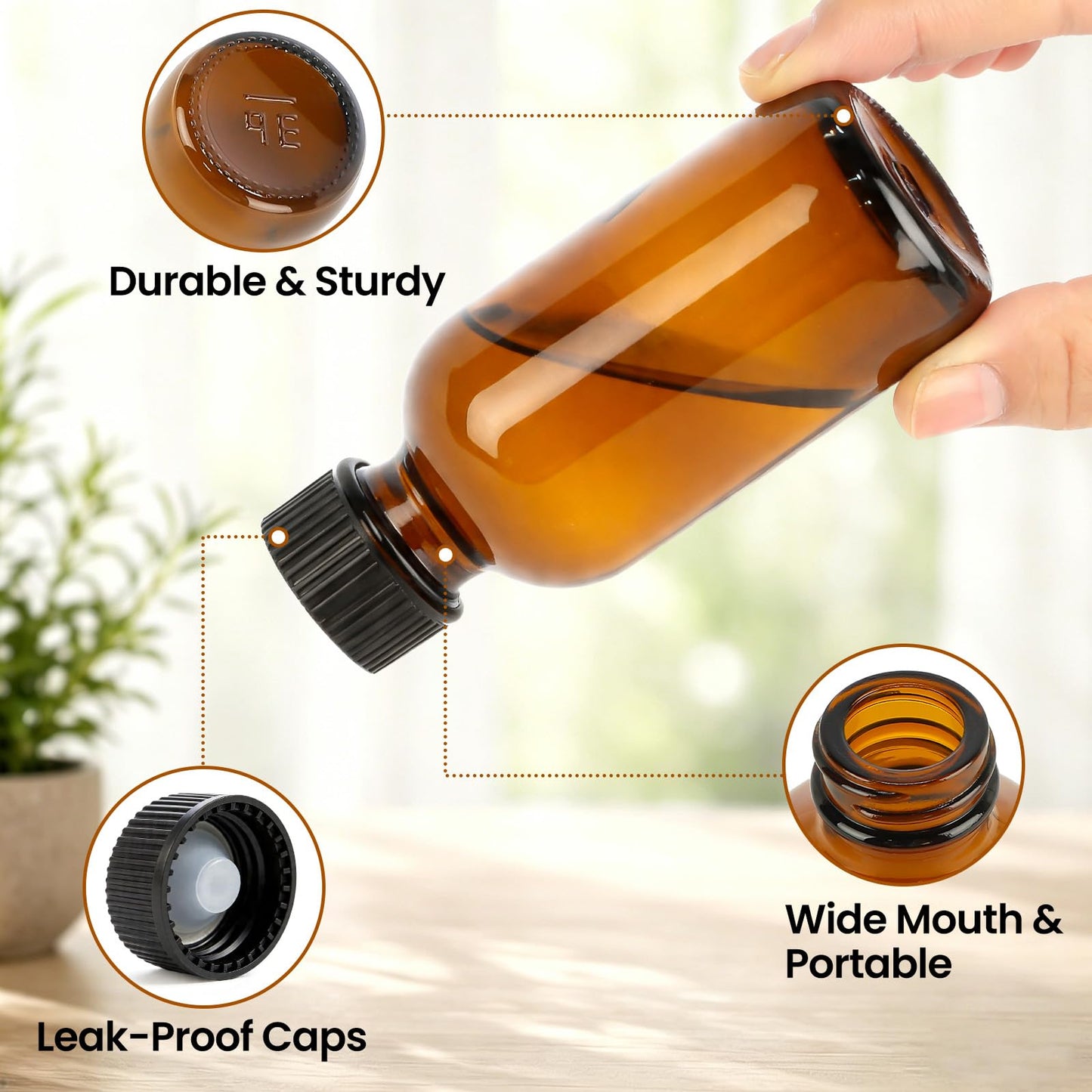 TBWIND 54 Pack 2oz Amber Glass Boston Round Bottles with Airtight Caps