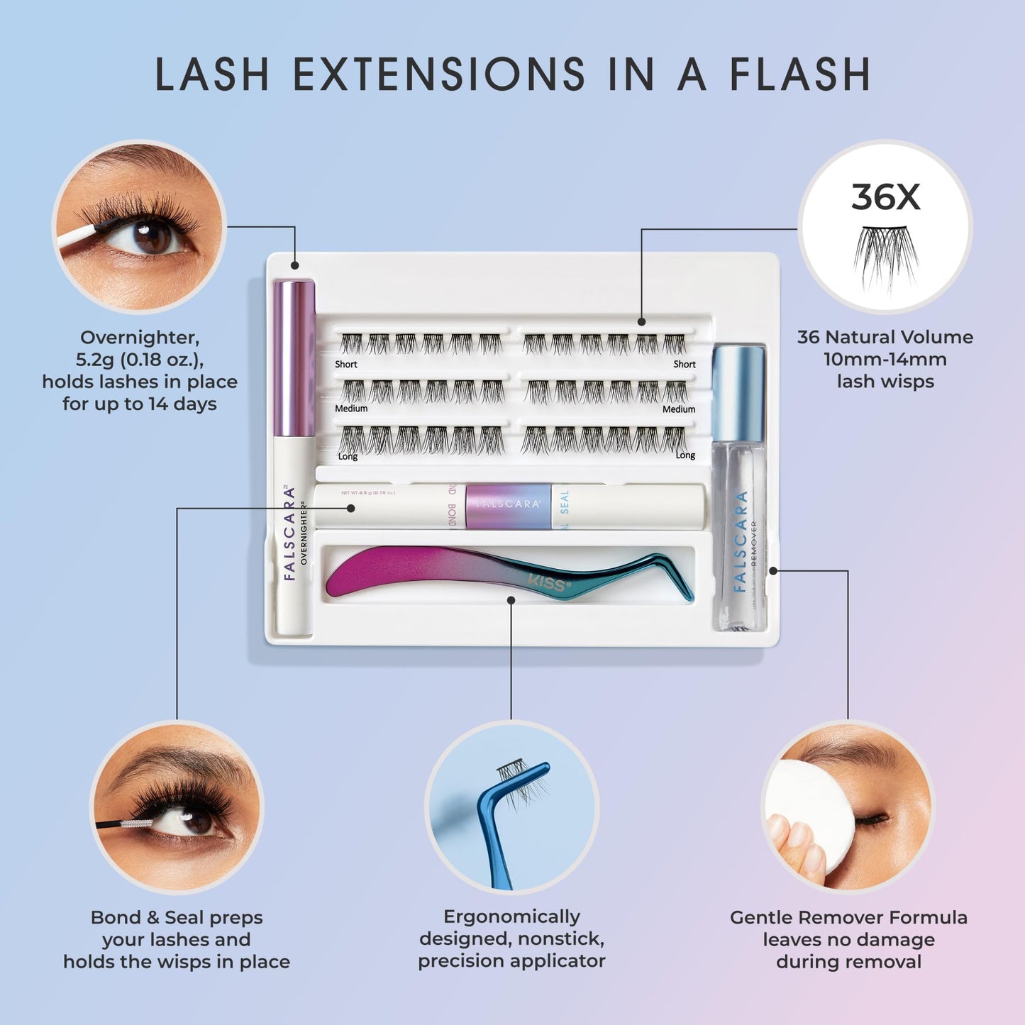 Falscara All-Inclusive Classic Natural Black Lash Clusters Kit, 36 At-Home Lash Extensions with Bond, Seal, Overnighter, Remover & Applicator, 10-14mm Lightweight Microband Wisps, Up to 14 Days Wear