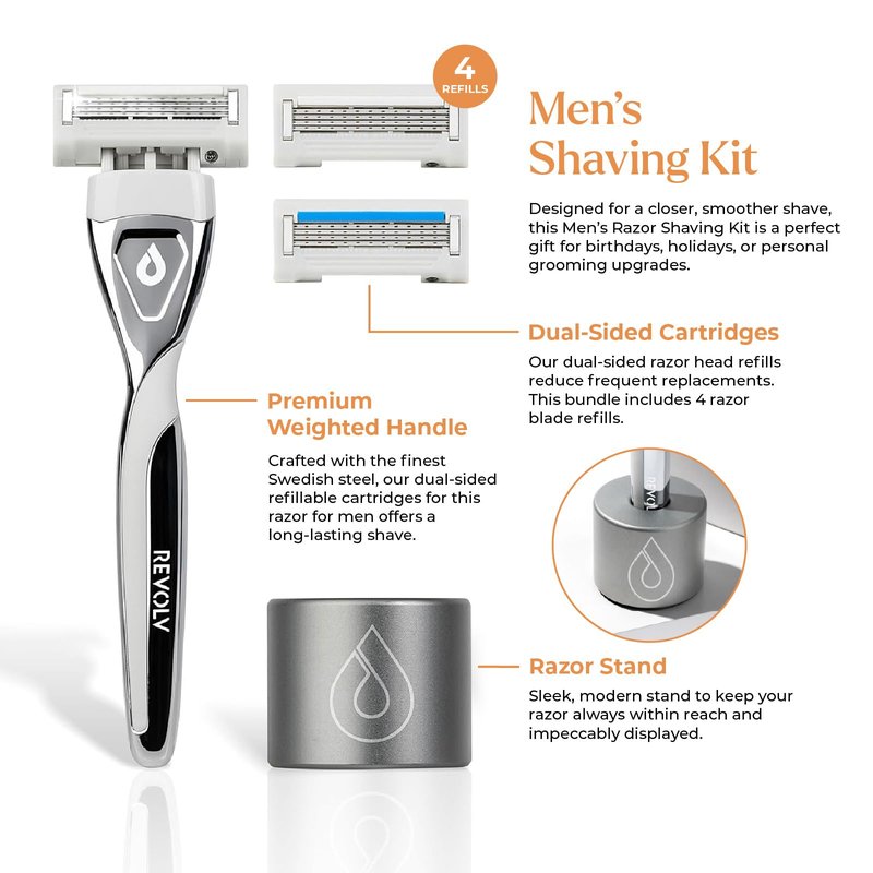 REVOLV - Men’s Razor Shaving Kit - 1 Premium Weighted Handle + 5 Dual-Sided Cartridges + 1 Stand - For a Closer, Smoother Shave - Safe on Sensitive Skin - 4 Razor Blade Refills - Grey