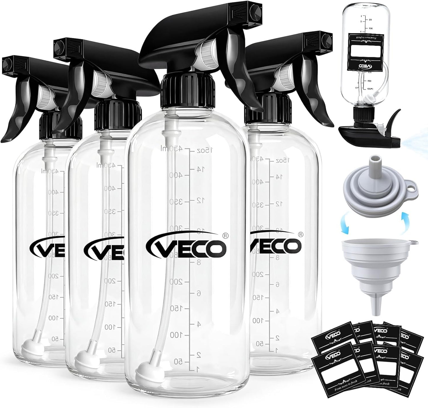 Veco Graduated Spray Bottles - 500mL (17oz) Leak-Resistant 360° Any-Angle Spraying | Perfect for Cleaning, Plants, Hair & Pets