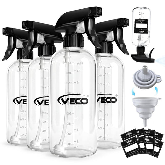 Veco 500mL (17oz) Graduated Spray Bottles, 4-Pack — 360° Any-Angle Spraying for Easy Dilution, Leak-Resistant spray bottles for Cleaning, Plants, Hair & Pet Use + Foldable Funnel