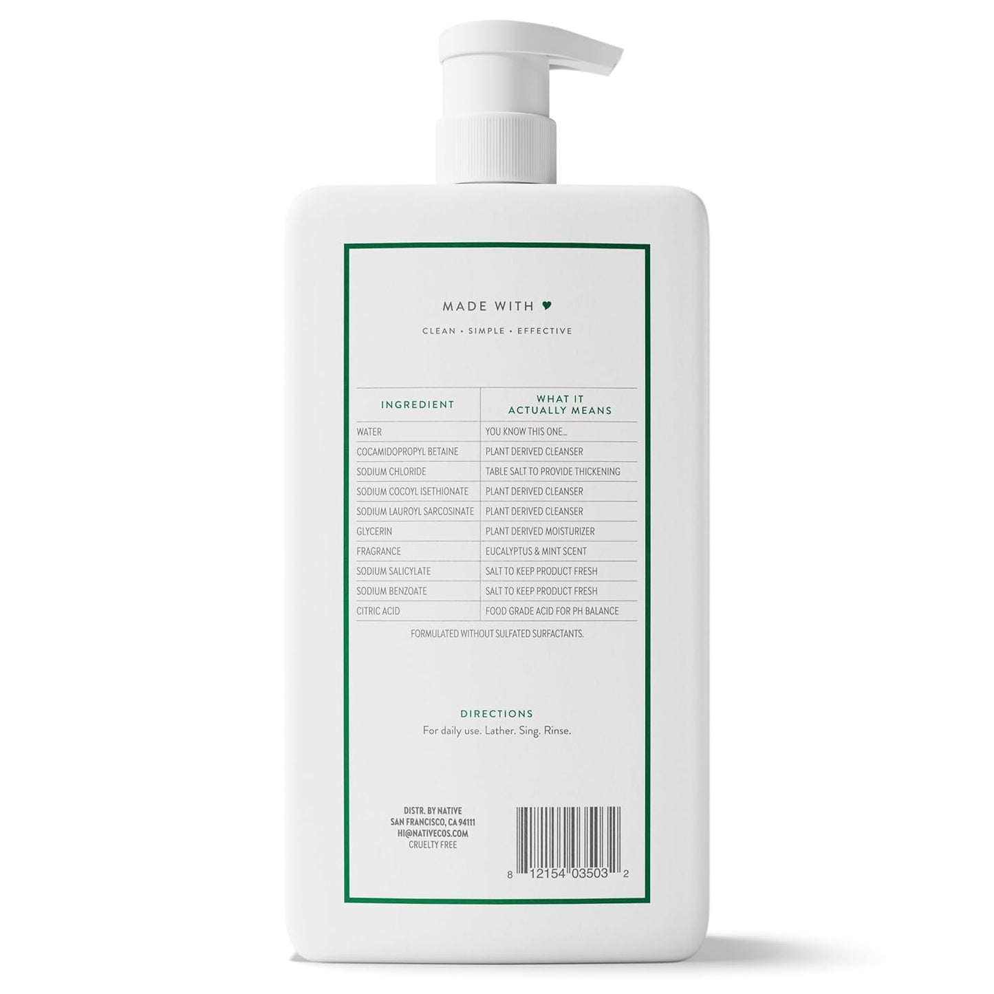Native Body Wash - Eucalyptus & Mint, Sulfate-Free Formula | 36 oz Pump Bottle for Men & Women