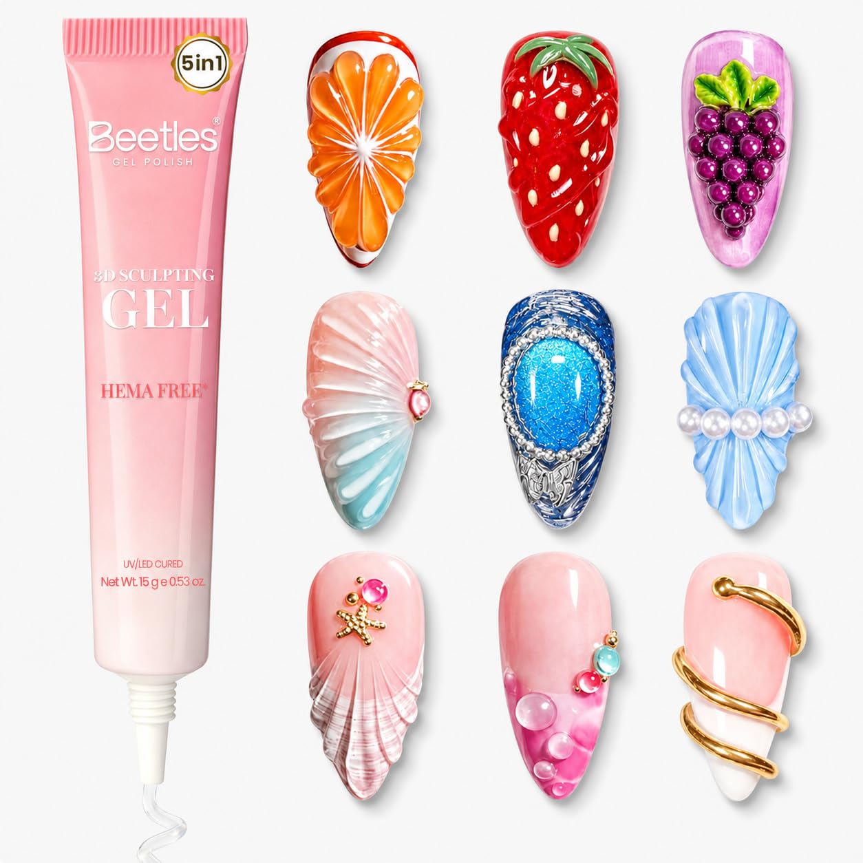 Beetles 3D Gel Nail Art, 5 in 1 Sculpting Clear Gel Glue, No Wipe Hema-Free for Drawing, Molding, Nail Charms, Rhinestones & Chrome Powder, Beginner-Friendly, DIY Home & Salon, UV/LED Lamp Needed,15g