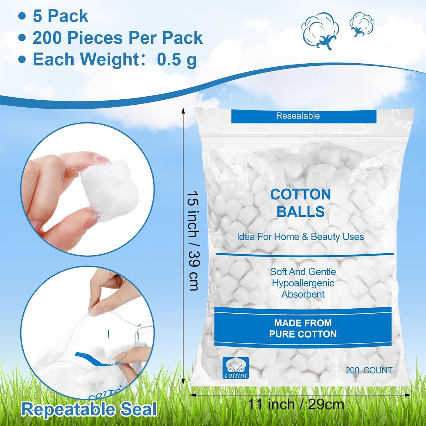 Organic Cotton Balls - 1000 Pcs Medium Absorbent Cotton for Makeup Removal & Crafting | Ideal for Nail Polish & Skin Care
