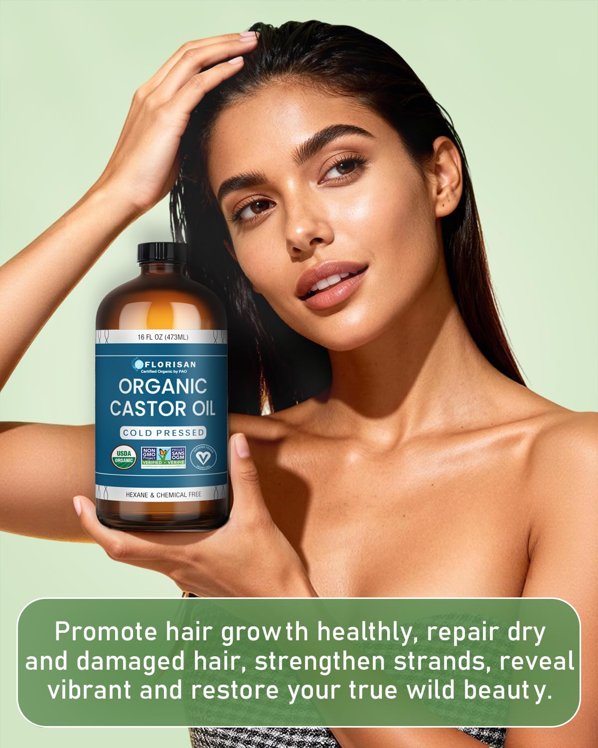 Organic Castor Oil - USDA Certified, Cold Pressed, Hexane-Free | 16oz Glass Bottle for Hair Growth, Skin & Lashes