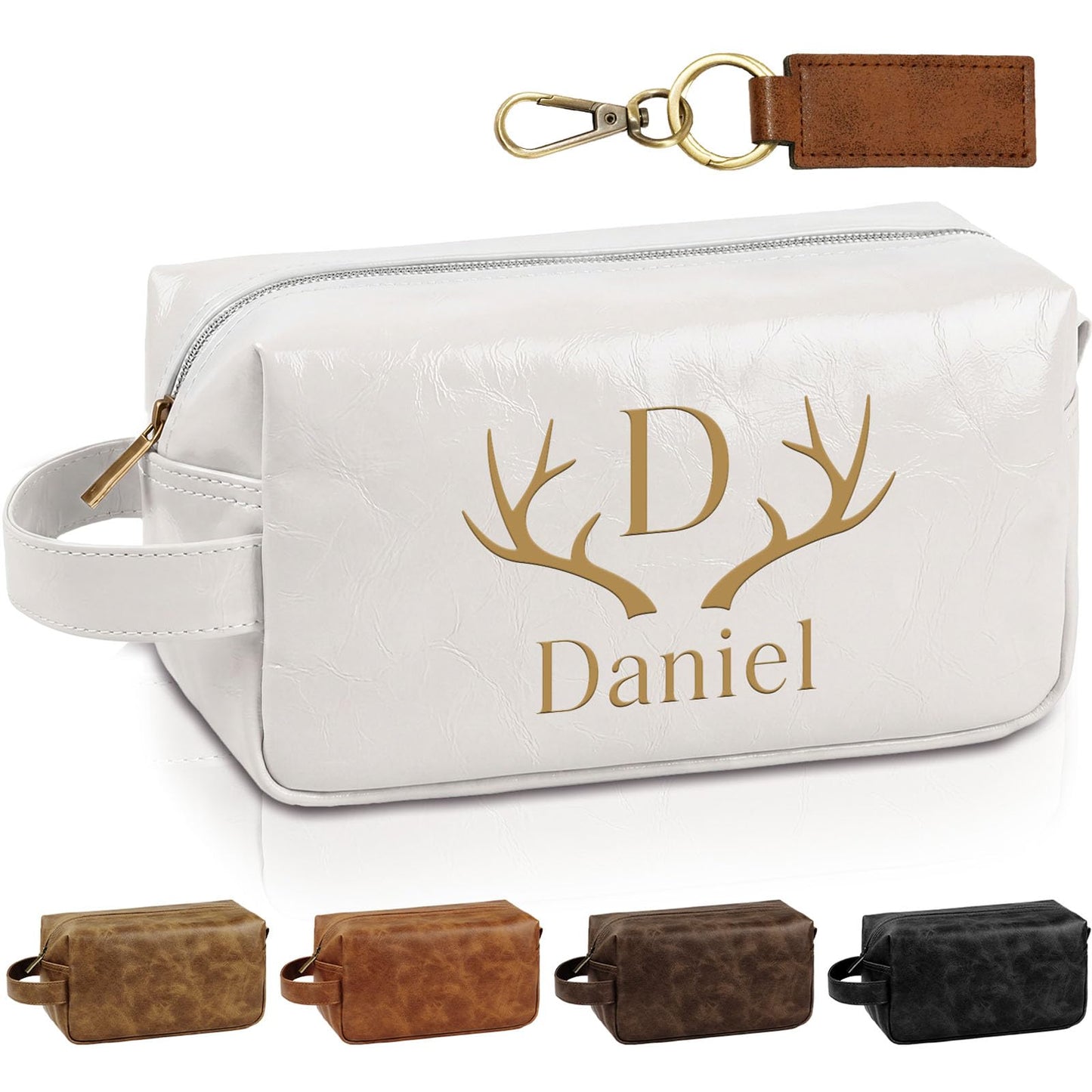 Motifool Personalized Toiletry Bag for Men, Custom Engraved Shaving Travel Kit with Name Initial, Waterproof Mens Bathroom bag, Overnight Weekend Bag for Husband Dad Boyfriend Son Groomsmen (White)
