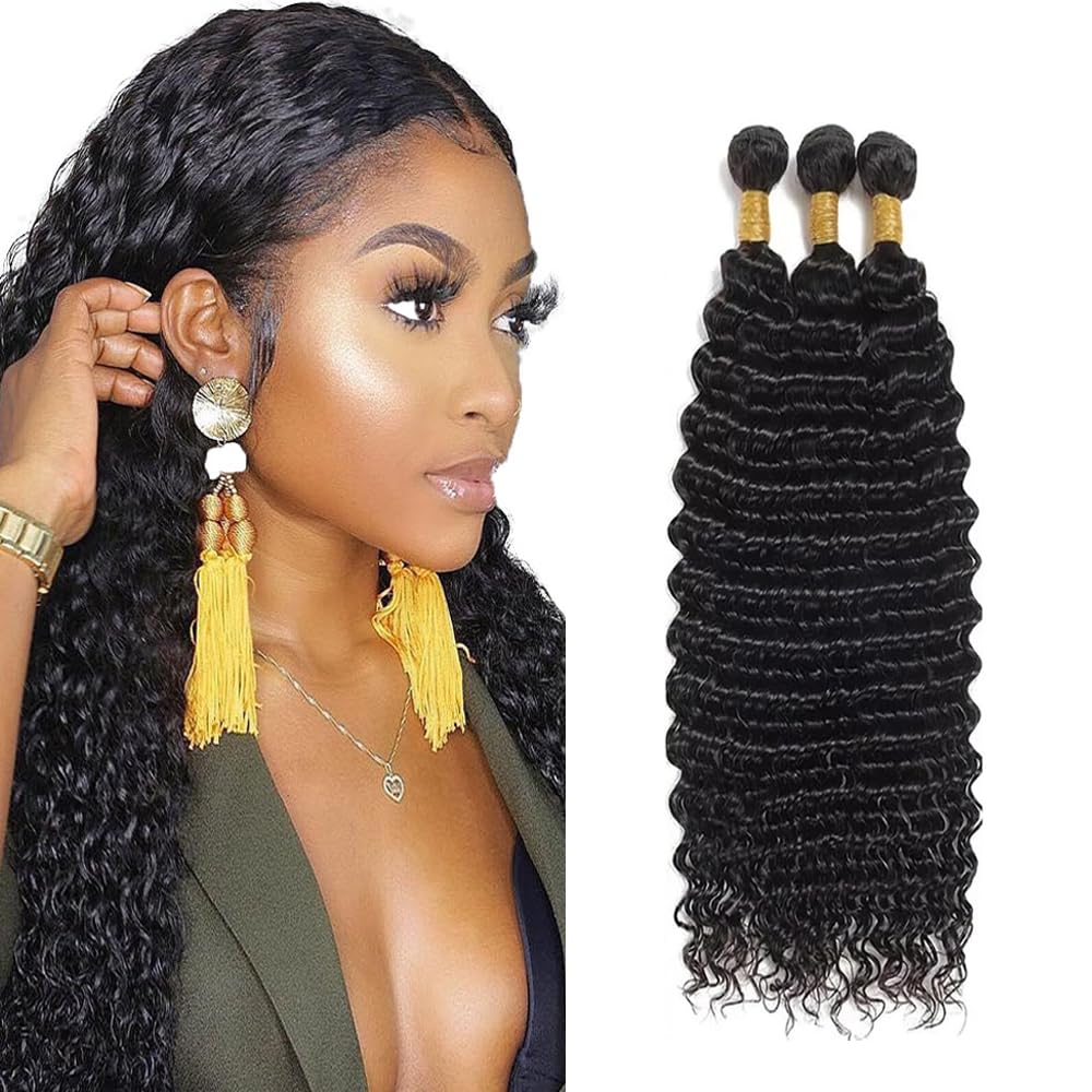 #1B Human Hair Bundles Deep Wave Bundles 26 28 30 inch Natural Black Color Deep Wave Human Hair Bundle Wet and Wavy Bundle 150g