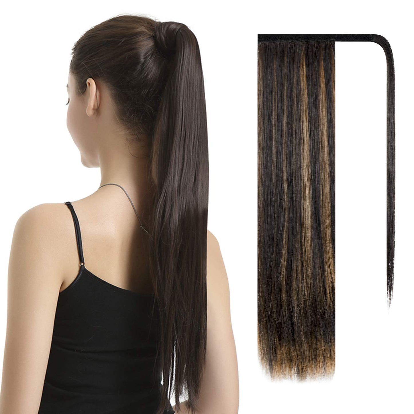 Dark Brown Straight Wrap Ponytail Extension - 24 Inch Clip-In Hairpiece for Black Women | Synthetic Hair