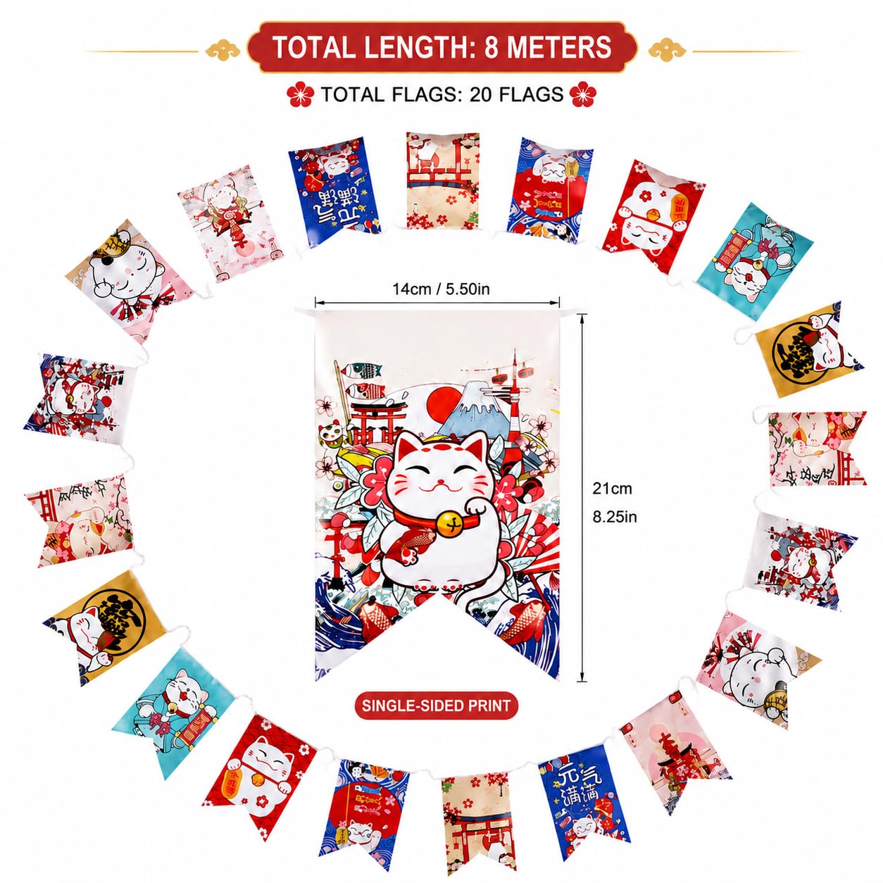 NOLITOY Japanese Lucky Cat Bunting Banner, 26 Feet 20 Flags Maneki Neko Decoration for Japanese Restaurant Decor & Sushi Bar Bunting Flags - Lucky Cat Party Decorations/Izakaya Hanging Ornament
