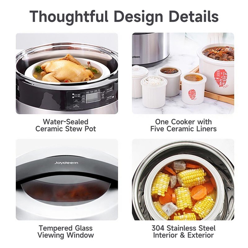 Joydeem Electric Stew Pot, 8.5Qt Stainless Steel Inner Pot with 5 Ceramic Liners (3.5L + 4 × 0.45L), Dual Cooking Modes, Brushed Stainless-Steel Exterior, For Soup, Congee & Bird’s Nest, DDG-B350