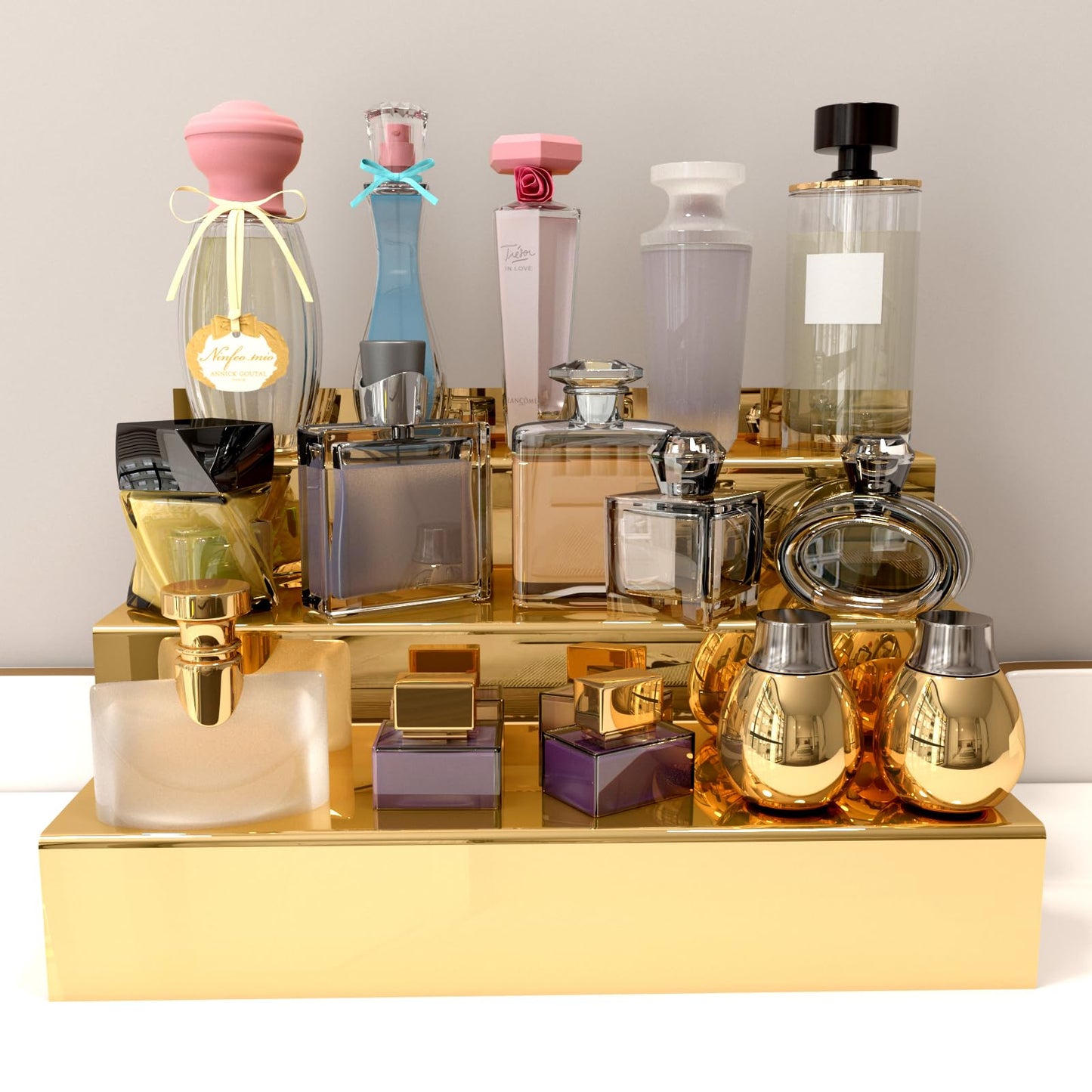 YMVV 12 IN Mirror Gold Acrylic 3 Tier Display Riser Perfume Organizer, Perfume Cologne Organizer Holder, Pops Toy Figures, Clear Cupcake Riser, Dessert Shelf