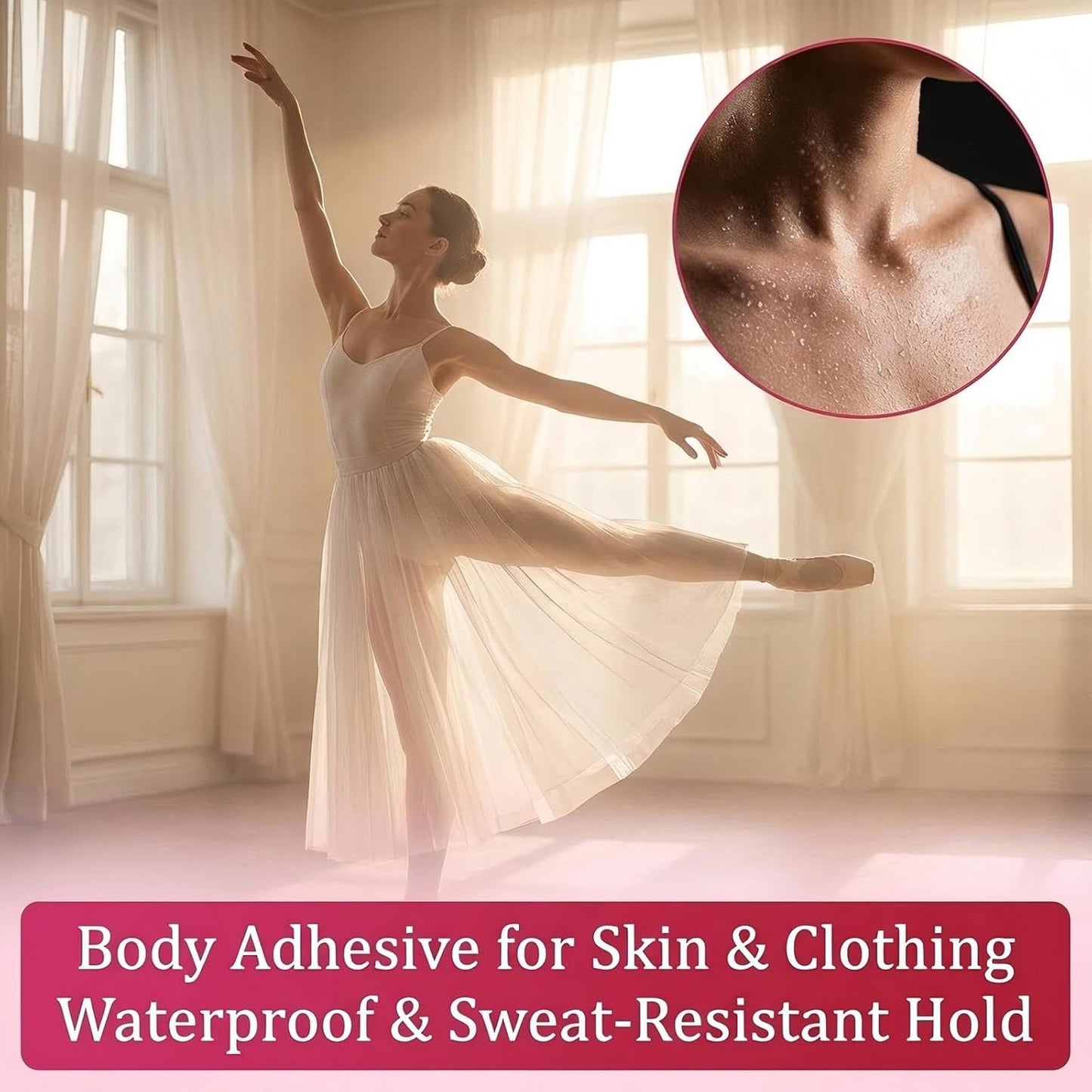 Roll-On Body Adhesive - Hypoallergenic Clear Fashion Glue | Sweat Resistant, Long Lasting Hold for Dancers & Costumes 2 Fl Oz (60ml)