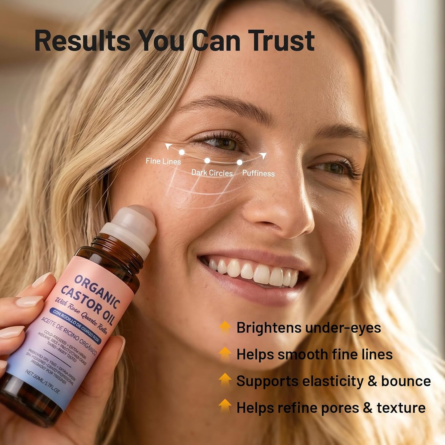 Rose Quartz Face Roller - 100% Pure Organic Castor Oil Serum for Fine Lines, Wrinkles & Puffiness | Self-Care Gift for Women 35+ - 1.72oz