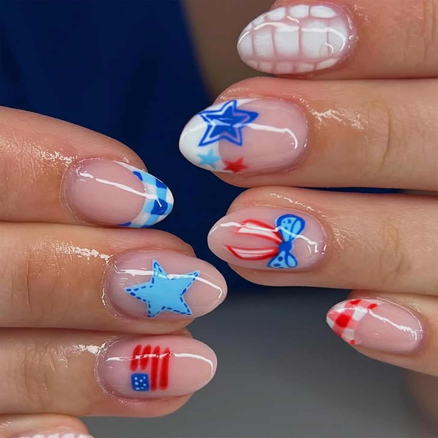 3D Blueberry Flower Press-On Nails - Medium Almond Shape with Pearl & Gold Beads | Reusable Glossy Blue French Tips for Summer Parties