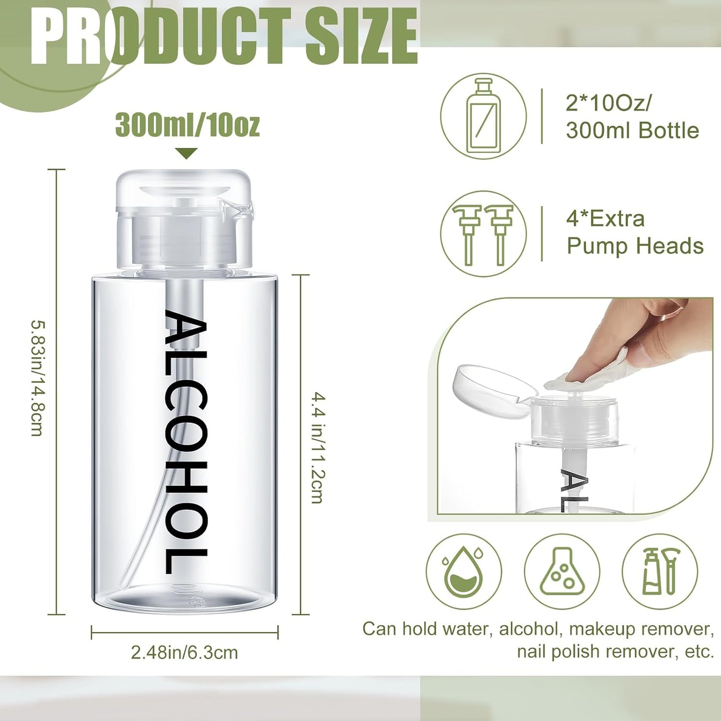 Alcohol Pump Dispenser Bottle - 10 oz Refillable Liquid Container | 2 Pcs with 4 Extra Pump Heads for Salon & Personal Use