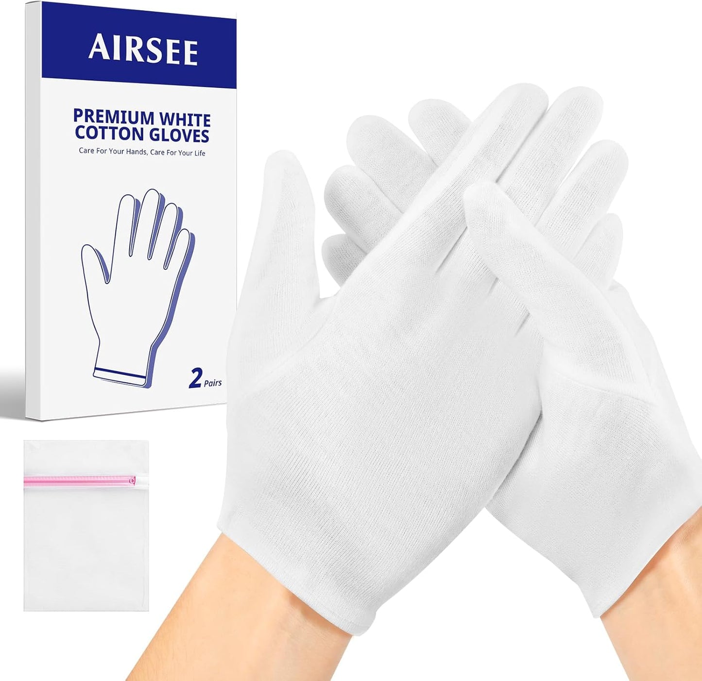 White Cotton Gloves for Moisturizing SPA | 2 Pairs with Laundry Bag for Dry Hands & Eczema - Regular Size