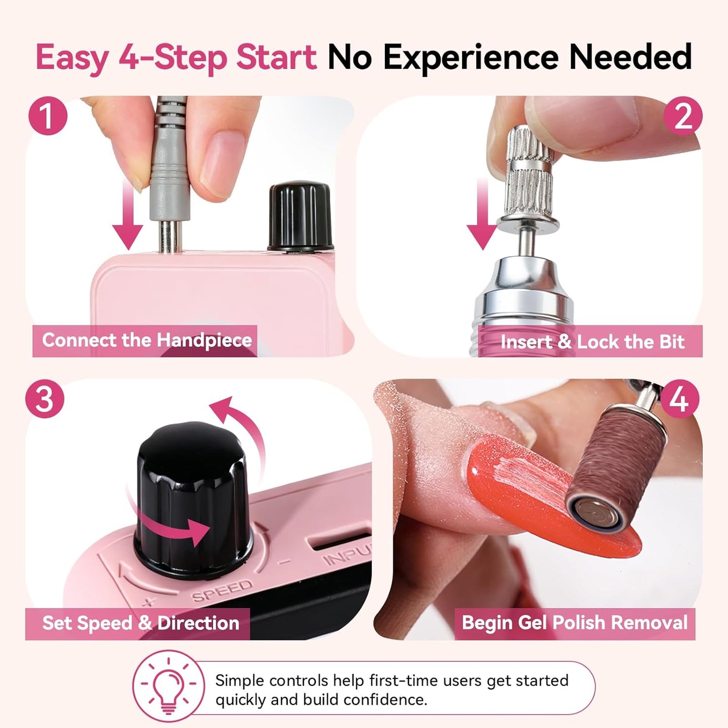 Cordless Nail Drill - Easy & Safe Electric Nail File for Beginners | Low Vibration, LCD Control, Gel Removal & Nail Care