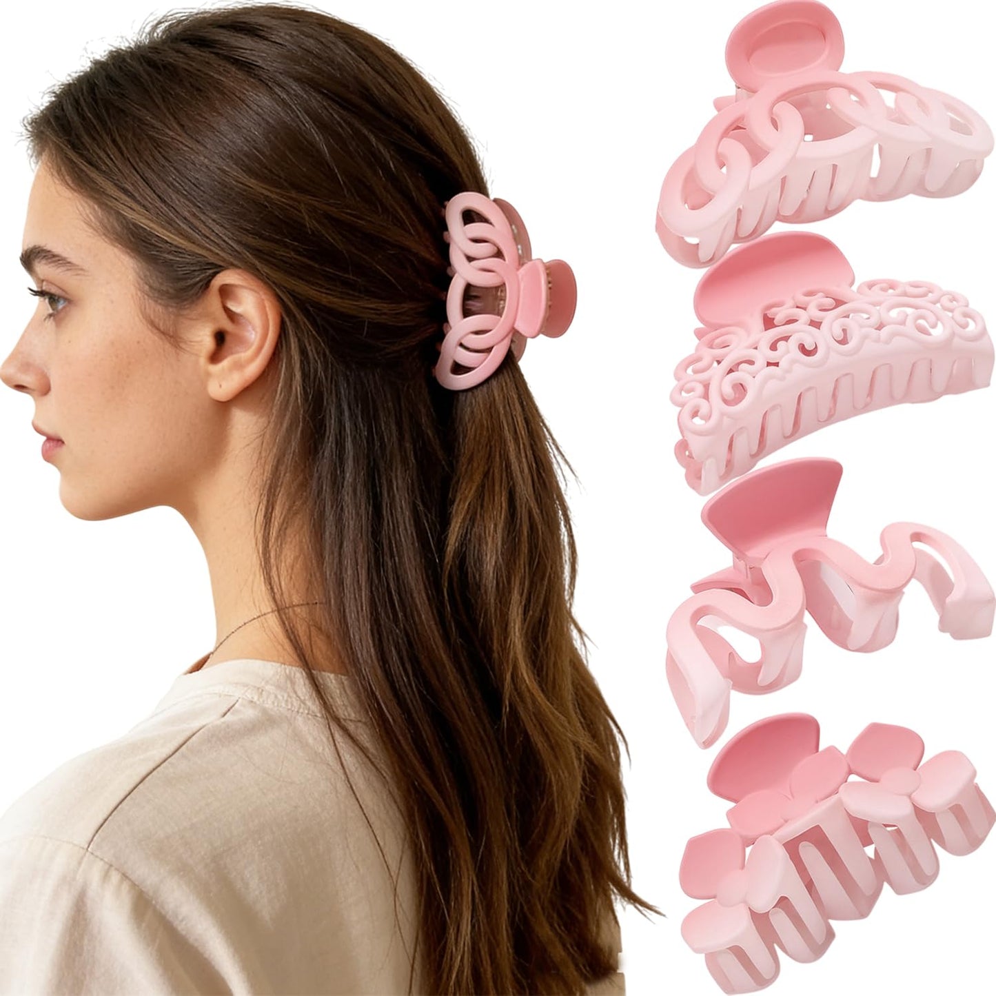 Pink Hair Clips 4 Pack Cute Hair Claw Clips for Thin Thick Hair Floral Shamrock Hair Clip St. Patrick's Day Hair Accessories Matte Non Slip Hair Claw Pink Accessories for Sweet Women Shark Clip