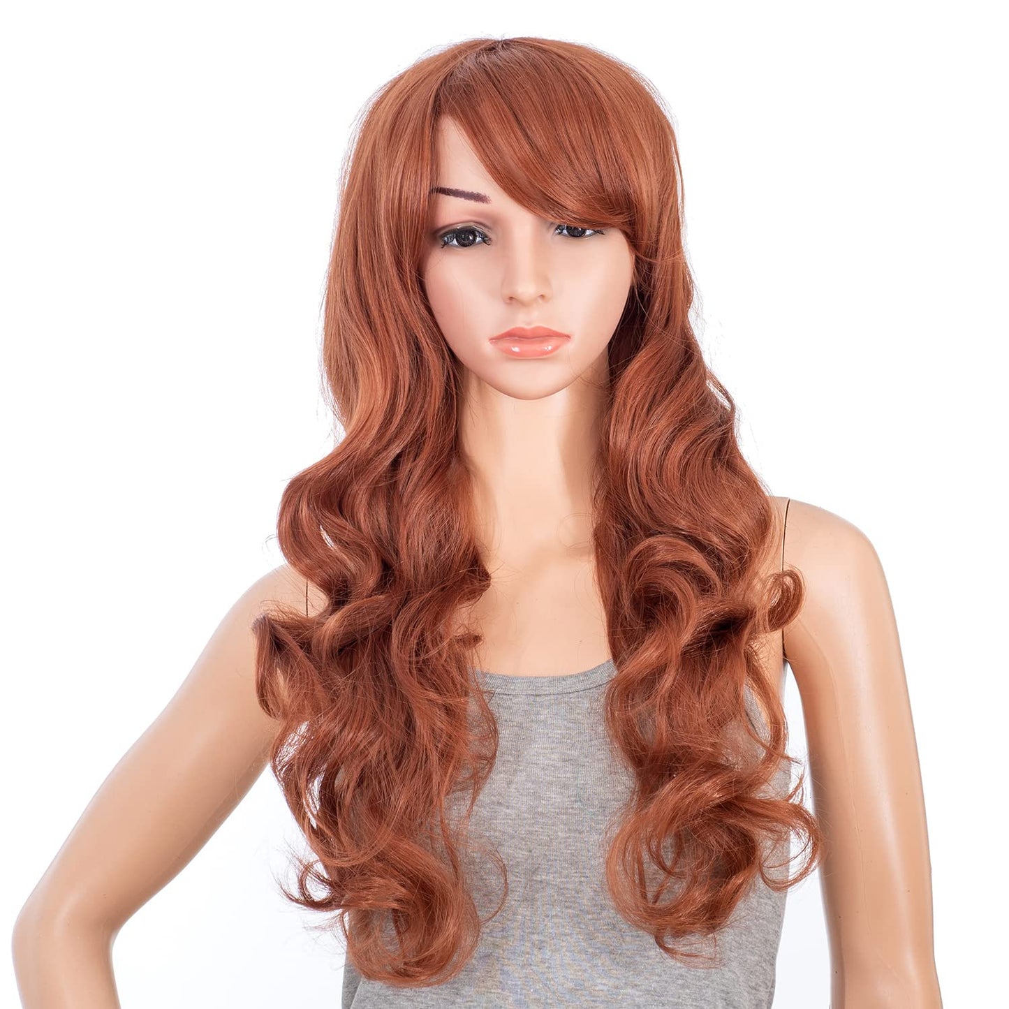Long Curly Double Claw Clip Ponytail Wig - Synthetic Pastel Color for Cosplay | Dark Copper Red