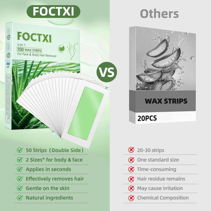 FOCTXI 100 PCS Wax Strips Kit, 40 Facial & 60 Body Waxing Strips for Face, Eyebrow, Bikini/Brazilian, Legs, Arms, Chest, Back Hair Removal + 5 Calming Oil Wipes, Gentle for Sensitive Skin, Men & Women