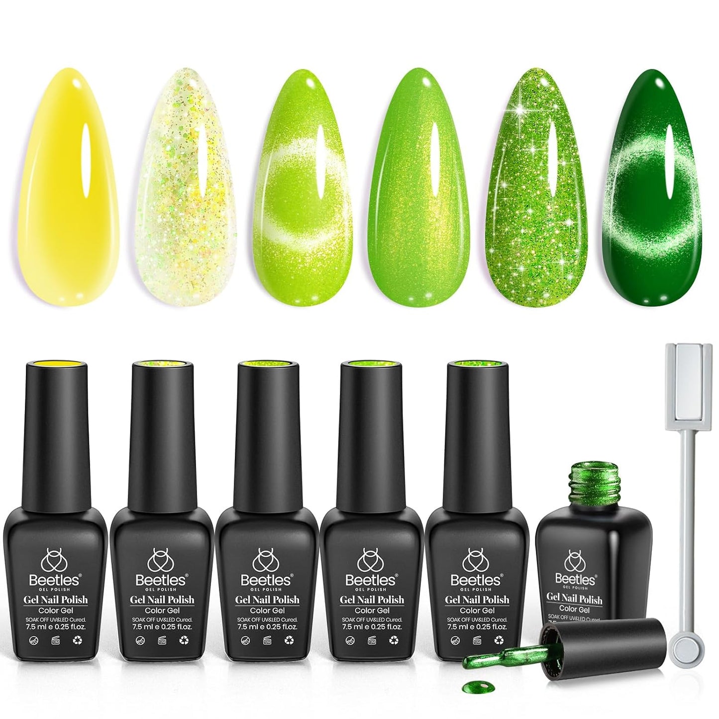 Beetles Green Gel Nail Polish Set - 6 Colors Cat Eye Glitter Gel | Summer Lime Yellow Flash UV LED Starter Kit for DIY Home & Salon Use