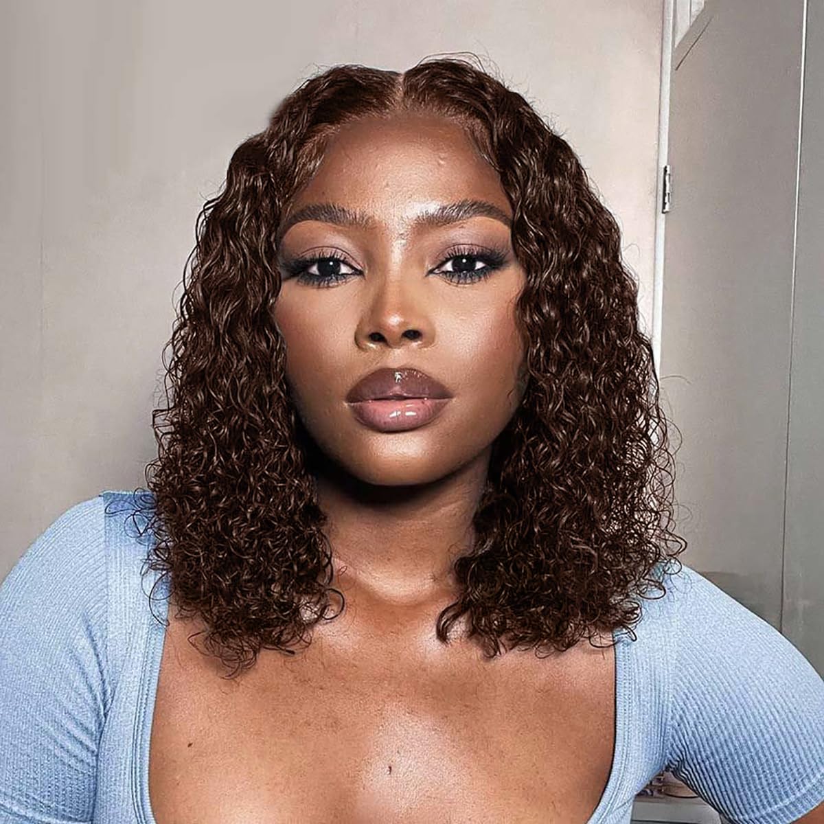 Maytune Chocolate Brown Culry Bob Wig Human Hair Glueless Wigs Human Hair Pre Plucked Pre Cut 4# Deep Wave Human Hair Bob Wigs For Black Women Wear and Go Glueless Wig Deep Wave 14Inch