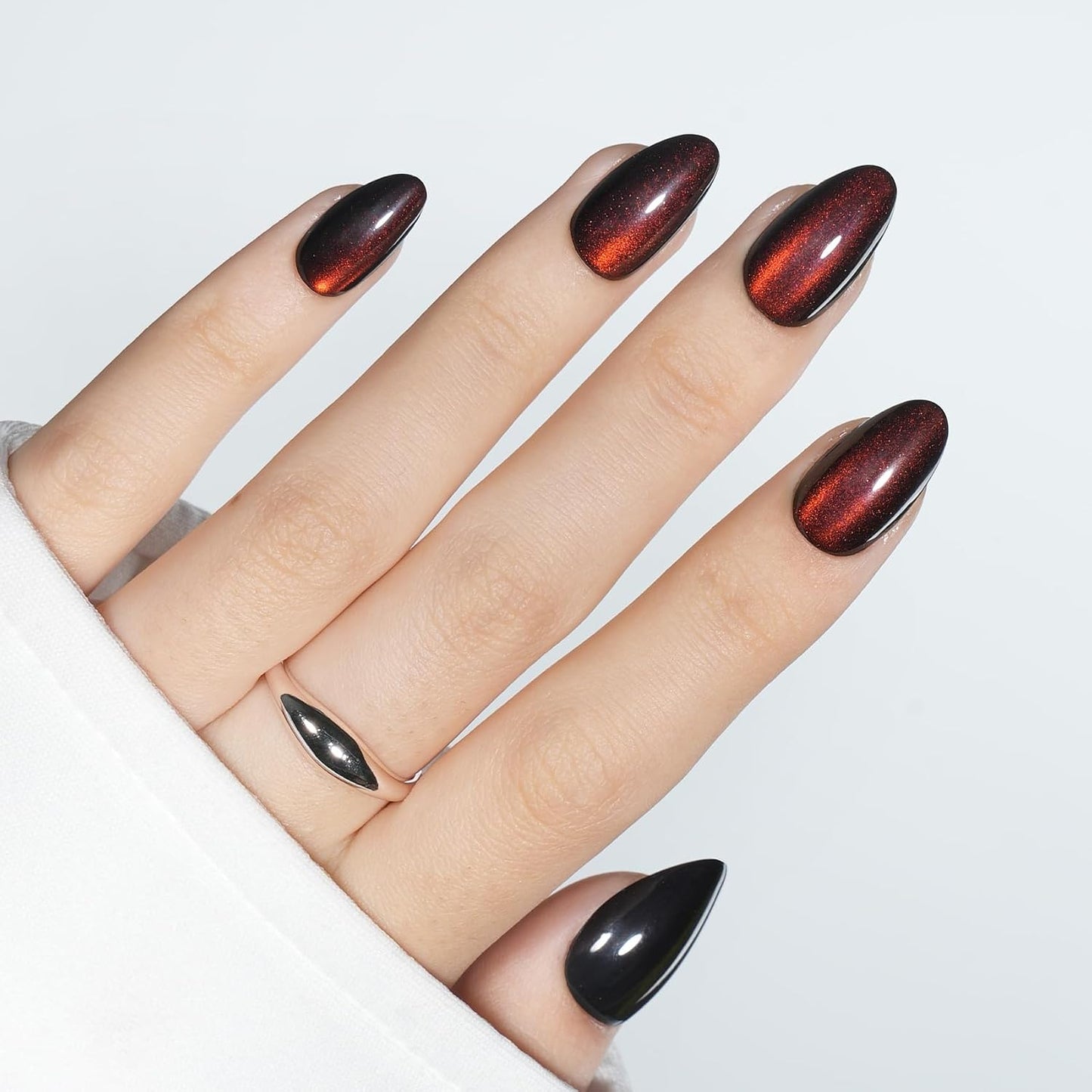 Cat Eye Press On Nails - Short Almond Fake Nails with Nail Glue | Reusable Brown Red 32-Piece Kit in 16 Sizes for Women & Girls