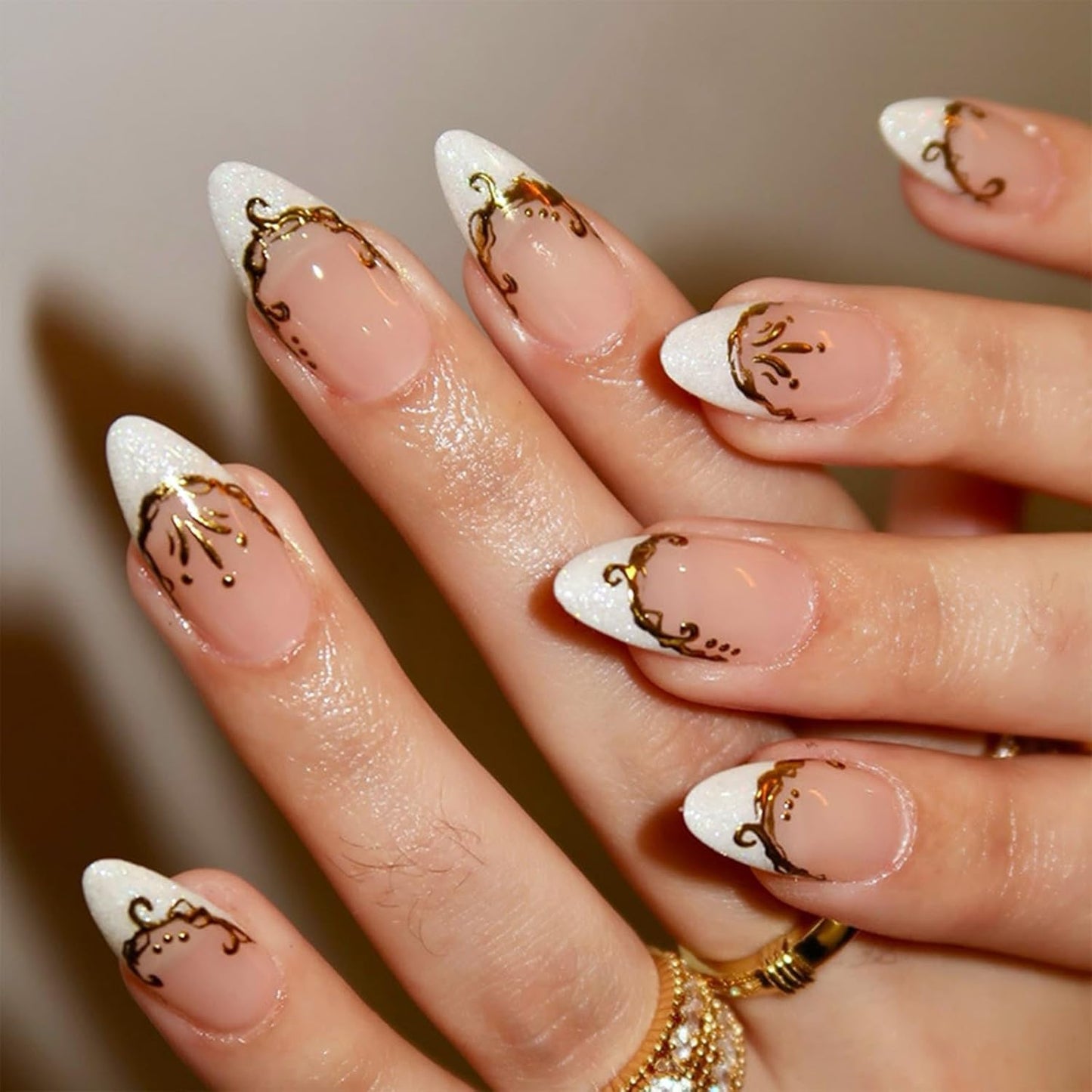 Press On Nails - Short Almond French Tip with Blue 3D Flowers | Glossy Acrylic Beach Designs for Women