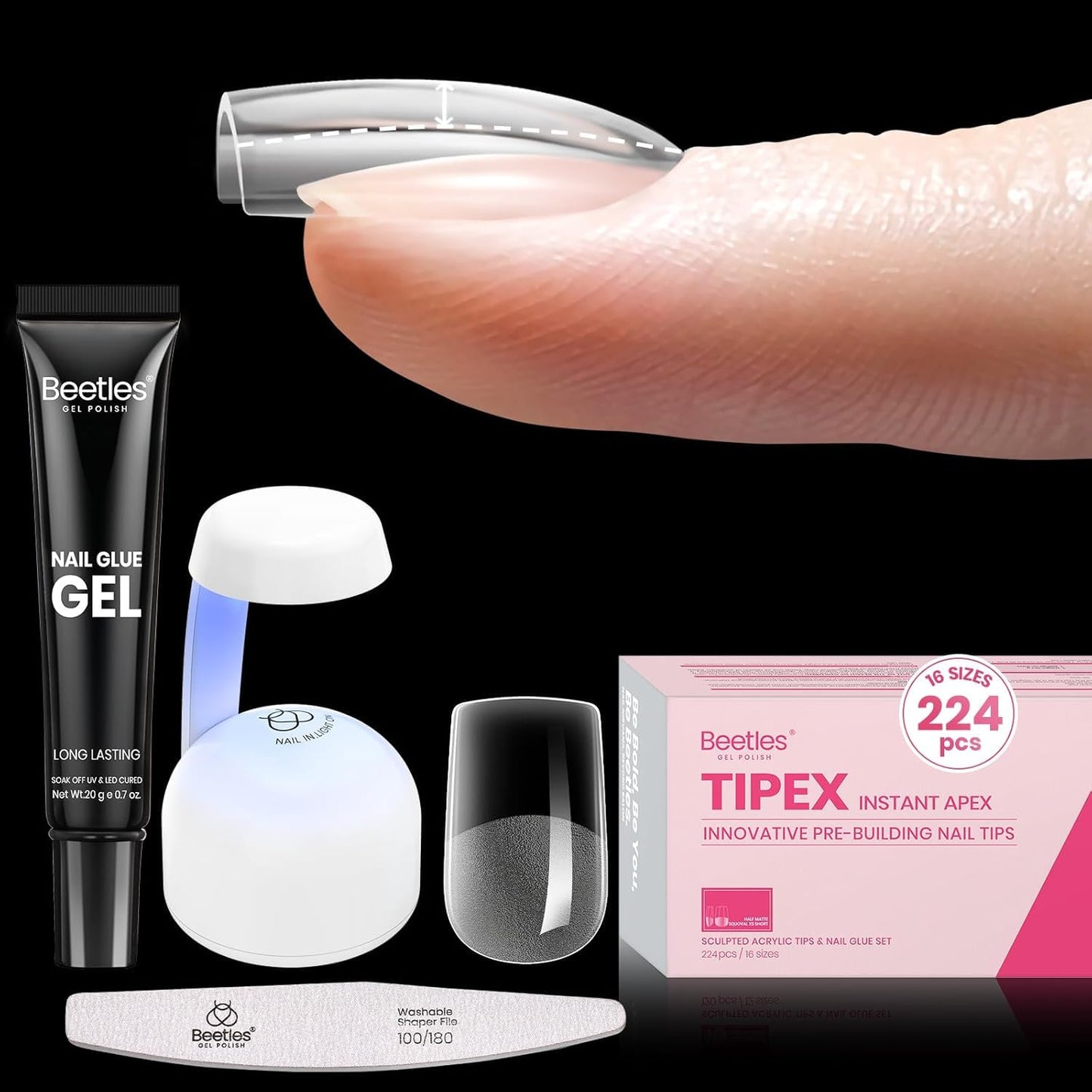 Beetles Tipex Gel Nail Kit - 224 Pcs Extra Short Square Nail Tips with Mini Lamp & Glue | 16 Sizes