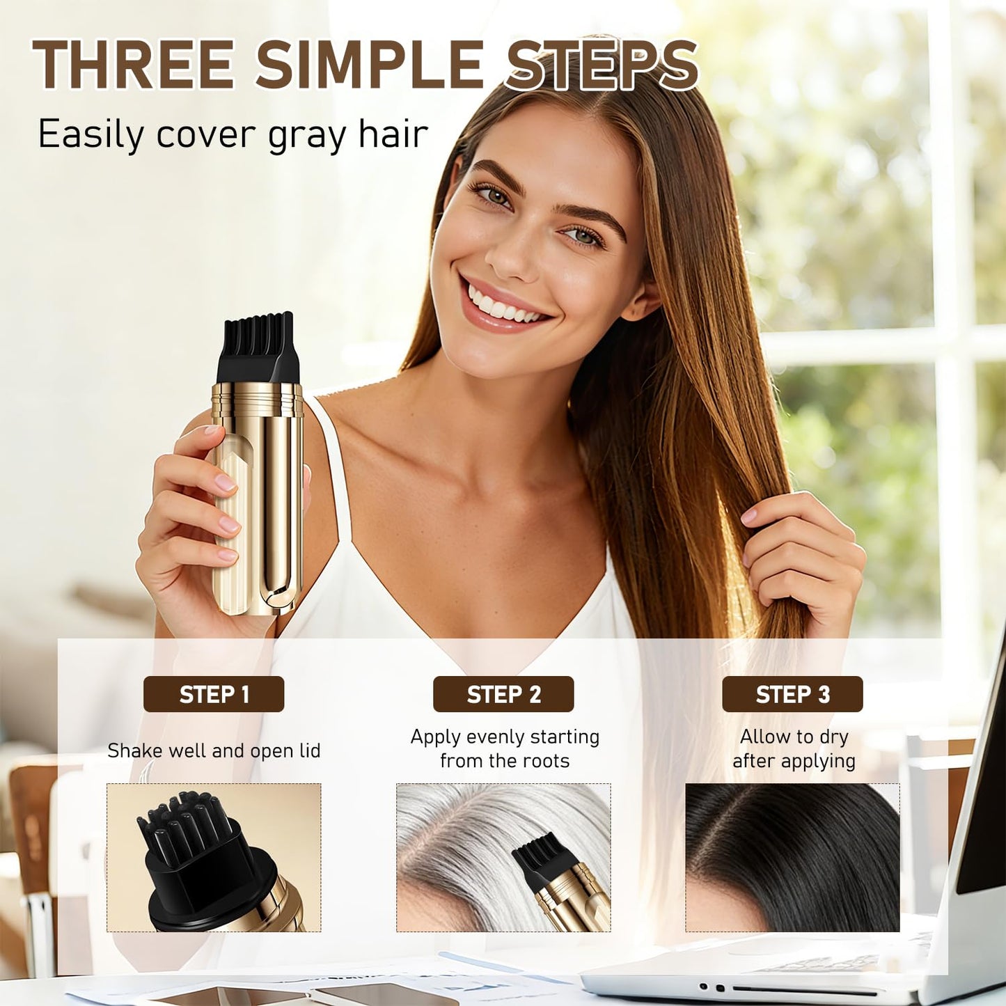 Root-Touch-Up Hair Color Stick & Comb - 2-in-1 Instant Gray Coverage | Waterproof, Sweat-Proof (Black)