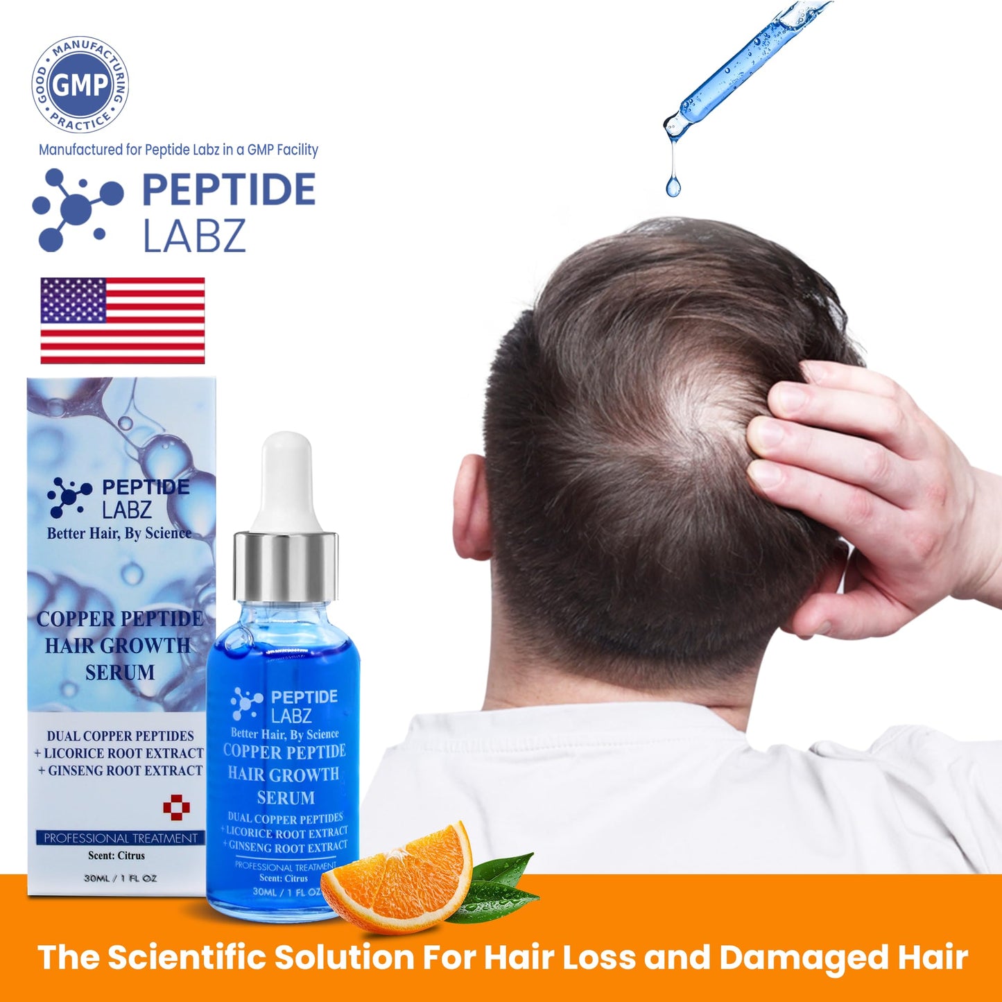 Copper Peptide Hair Serum with Copper Tripeptide-1 – Dual Peptide Complex + Licorice Root – Citrus Scent – 1 fl oz