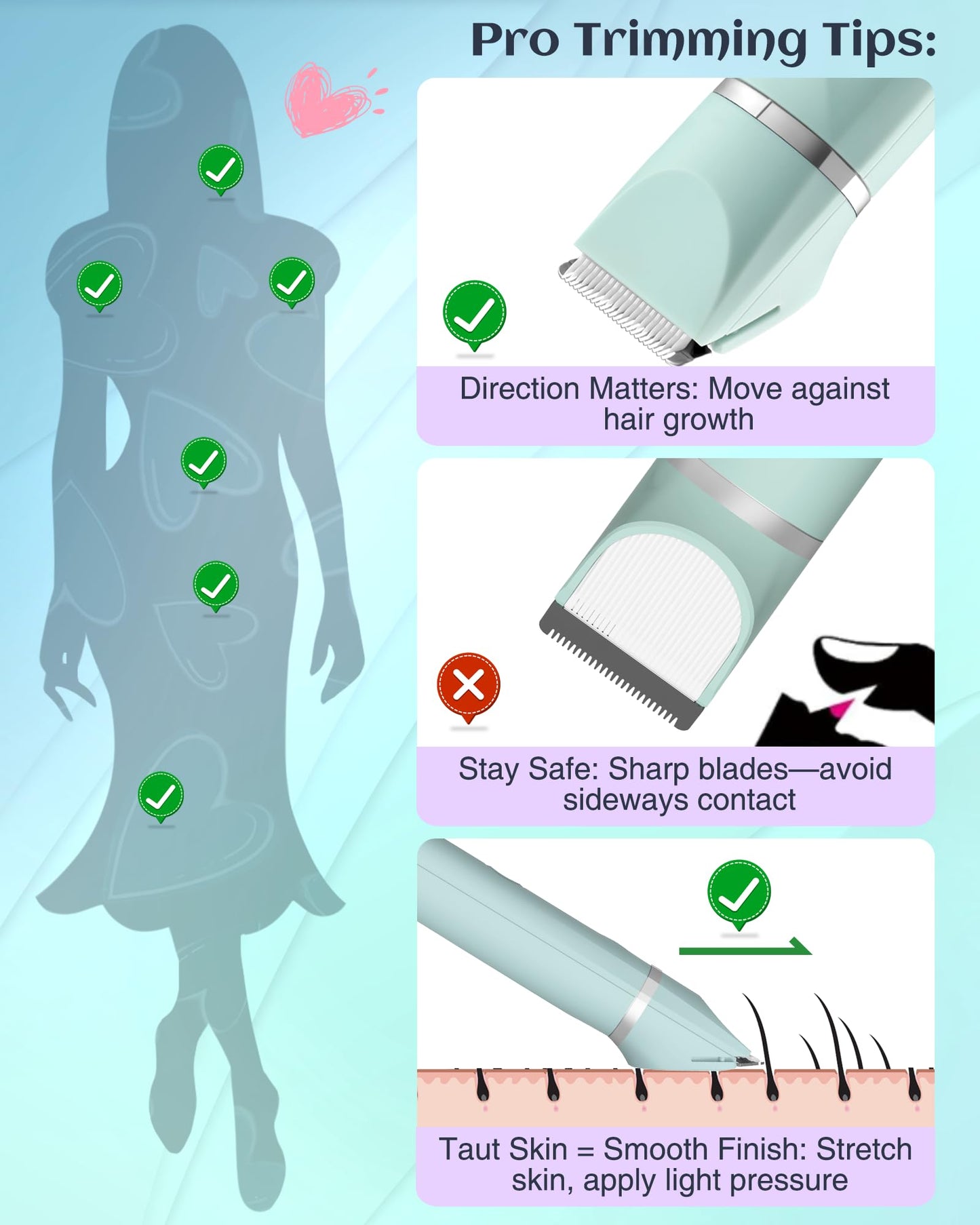 Bikini Trimmer for Women,Rechargeable Ladies Bikini Hair Trimmer Removal with Snap-in Ceramic Blades IP7X Washable Head,Pink